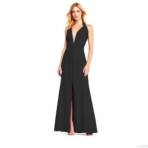 Aidan Mattox Crepe Halter Gown Plunging Illusion V-Neckline Dress